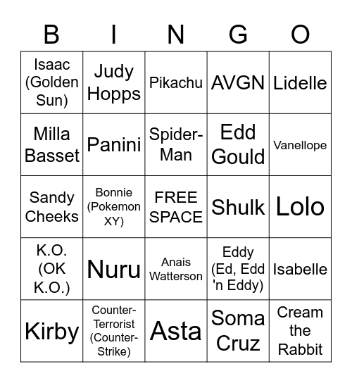 Favorite Character Bingo Card
