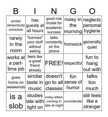 What's your roommate like? Bingo Card