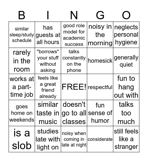 What's your roommate like? Bingo Card