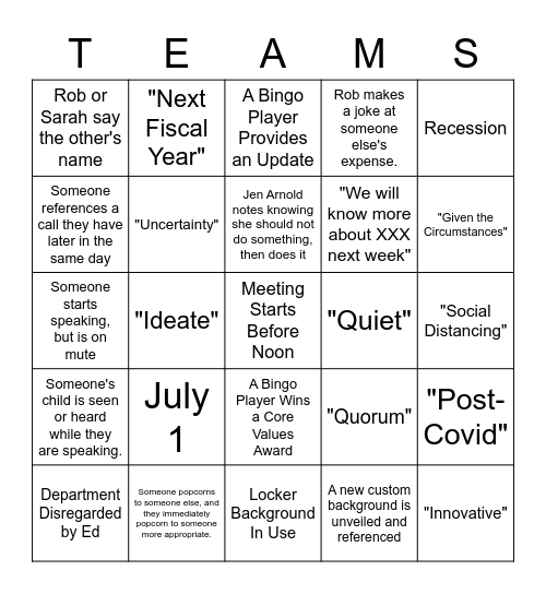 Teams Team Meeting Bingo Card