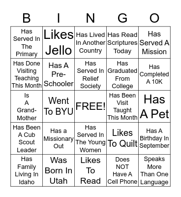 RELIEF SOCIETY Bingo Card