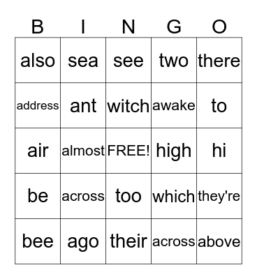 Homophones/Sight Words Bingo Card