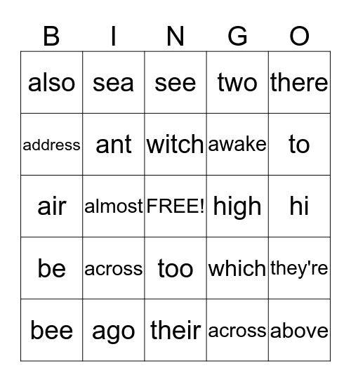 Homophones/Sight Words Bingo Card