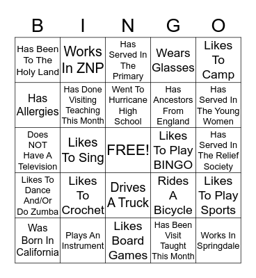 Relief Society Bingo Card