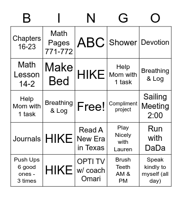 Monday Bingo Card