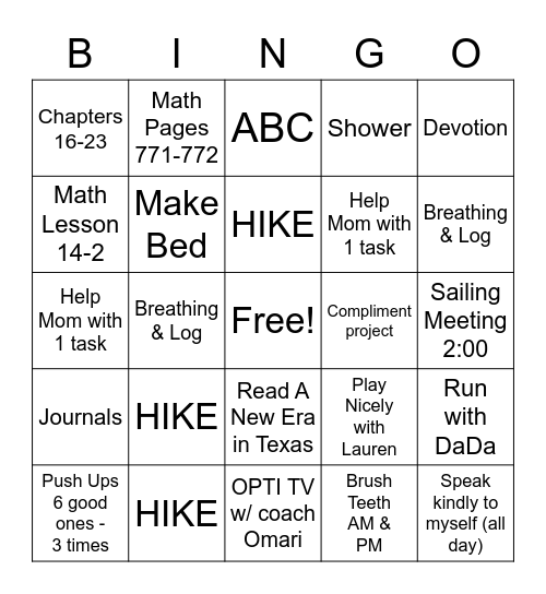 Monday Bingo Card