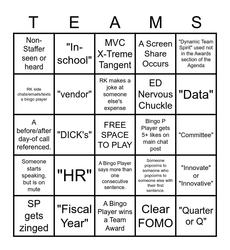 Teams Team Bingo Card