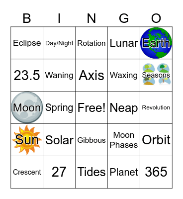 Moon Phases/Tides/Eclipses Bingo Card
