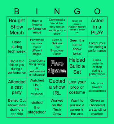 Musical Theatre Bingo Card