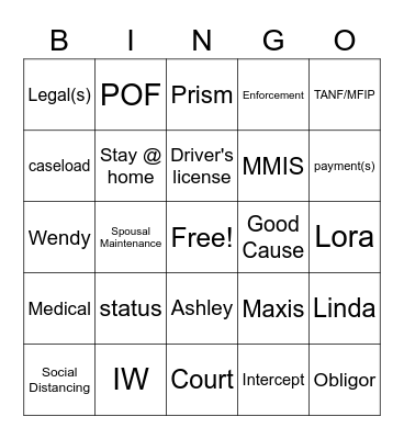 Child Support BINGO Card