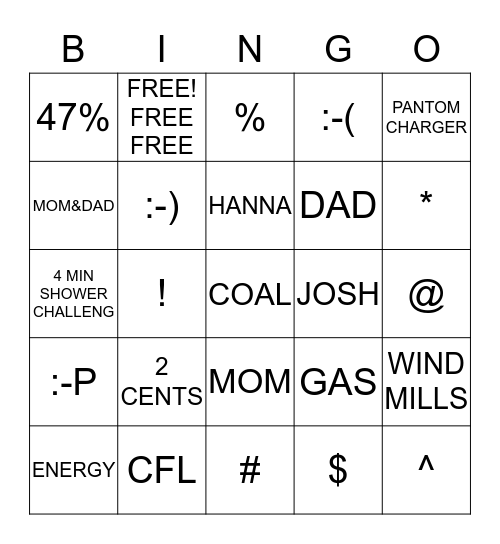 ENERGY Bingo Card