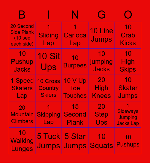 Fitness Bingo Card