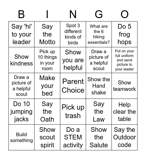 Cub Scouts Bingo Card