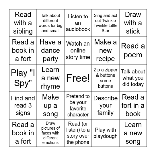 2020 Ages 0 to 5 Bingo Card
