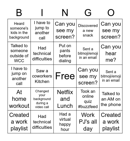 Work From Home Bingo Card