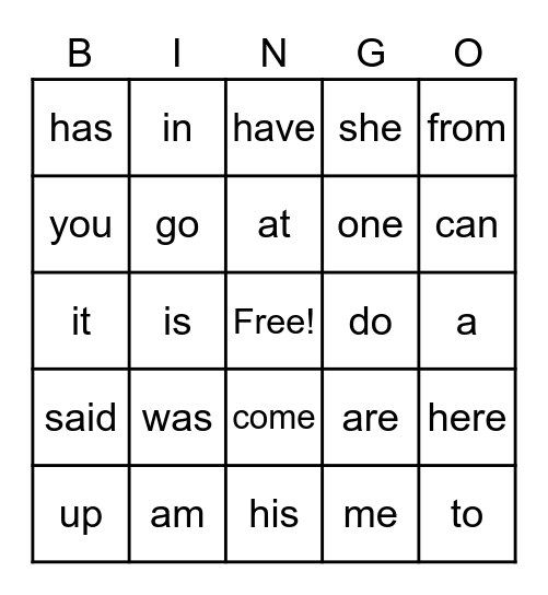 Sight Word Bingo Card