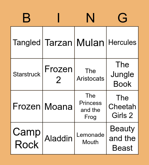 Breakzone Music Bingo - Disney Songs Bingo Card