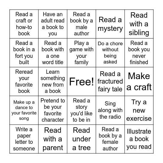 2020 Ages 6 to 12 Bingo Card