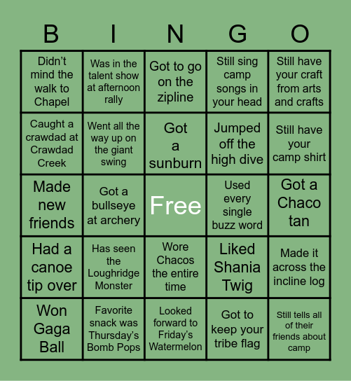 Camp Loughridge Bingo Card