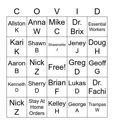 SE Coastal Coronovirus Bing Bingo Card