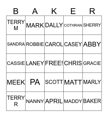 Reunion Bingo Card