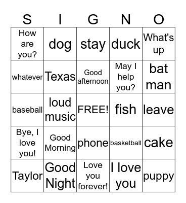 ASL 1 Bingo Card