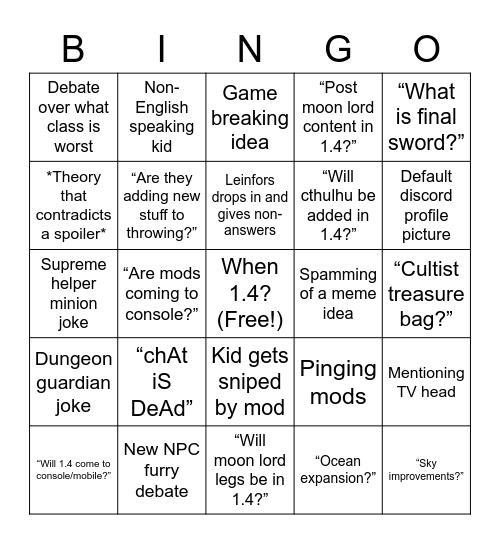 Journey’s End Chat Bingo Card