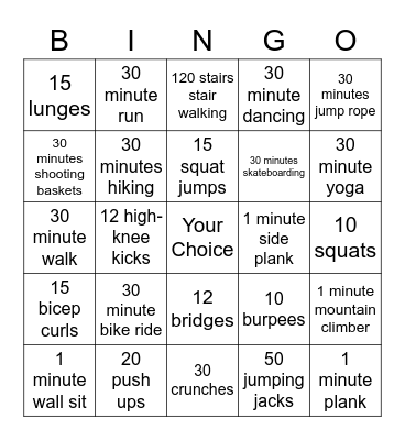 Fitness Bingo Card
