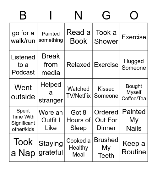 Self Care Bingo Card