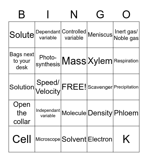 Science Revision Bingo Card