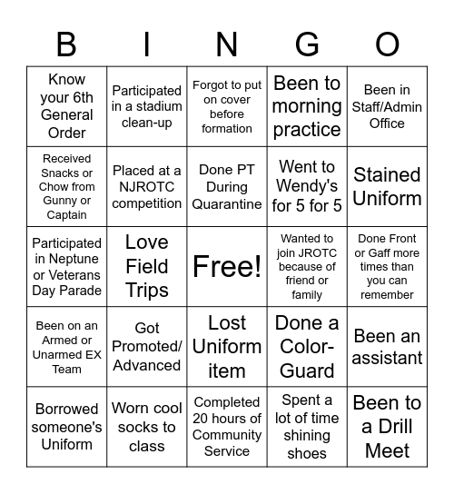 PAHS NJROTC Bingo Card