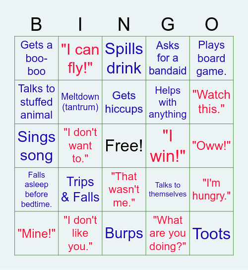 HOME Kids Say & Do Bingo Card