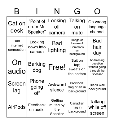 Zoom Parliament Bingo Card