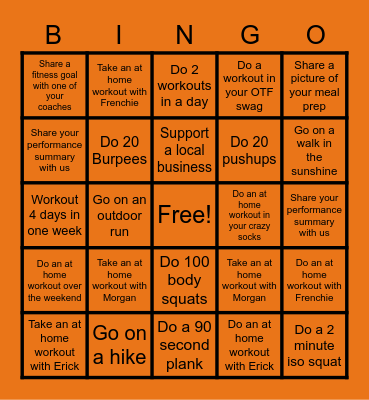 Northside Orangetheory Fitness at Home Bingo Challenge! Bingo Card