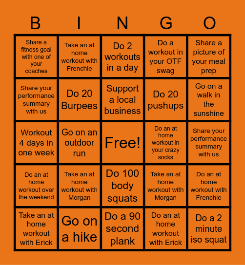 Northside Orangetheory Fitness at Home Bingo Challenge! Bingo Card