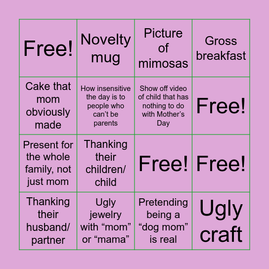 Mother’s Day Bullshit Bingo Card