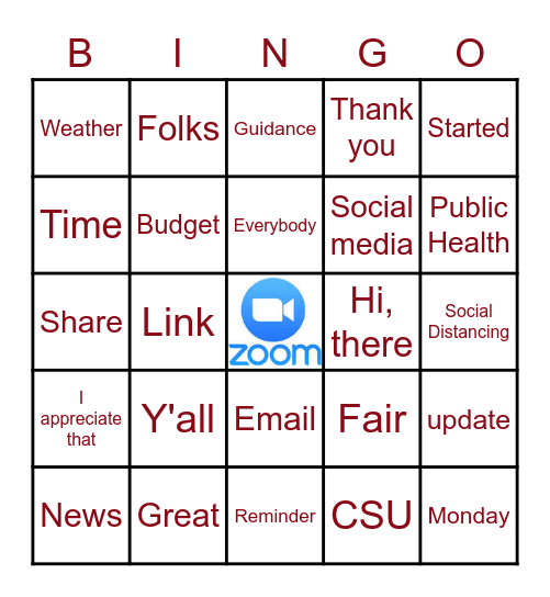 Zoom Virtual Meeting Bingo Card