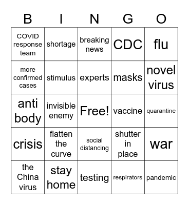 COVID 19 Bingo Card