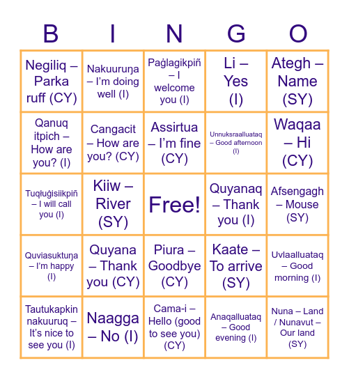 BSNC Regional Languages Bingo Card