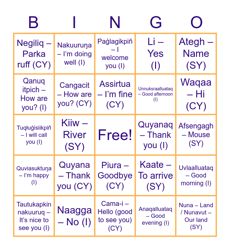 BSNC Regional Languages Bingo Card