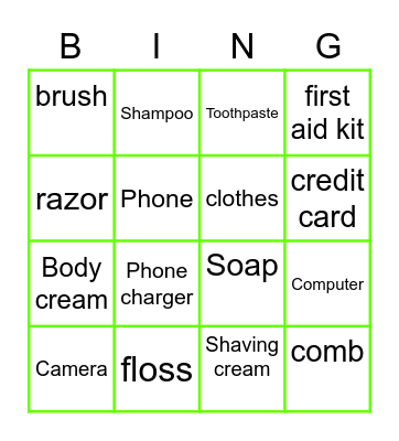 What you take on a trip Bingo Card