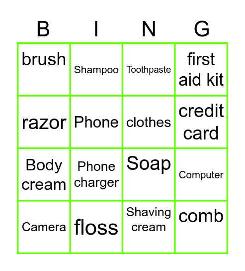 What you take on a trip Bingo Card