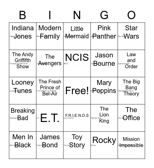 Movie/TV Show Themes Bingo Card