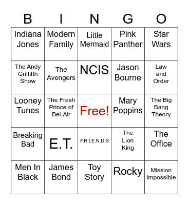 Movies/TV Shows Bingo Card