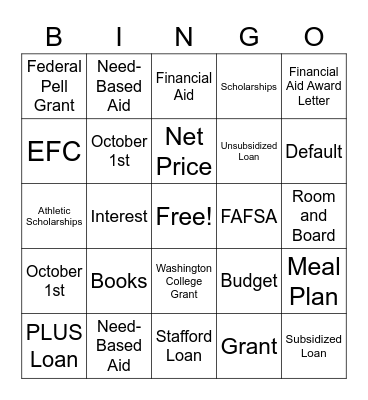 EVHS GEAR UP Fin Aid Bingo Card