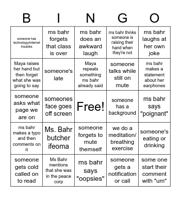 English Bingo Card