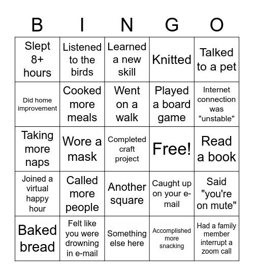 Social Distancing Bingo Card