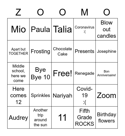 Josephine's Birthday Zoom Bingo Card