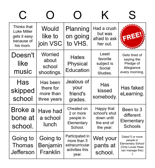 Cooks Corners Bingo Card