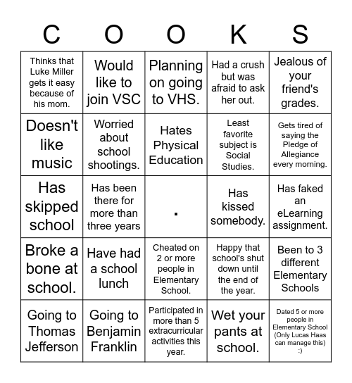 Cooks Corners Bingo Card